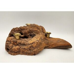 Vintage 1970s Mid Century Driftwood & brass Candle Holder Center Piece